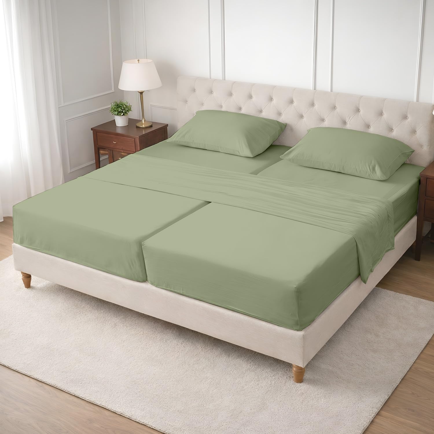 SGI Split King Sheet Set for Adjustable Bed Egyptian Premium Cotton 600 Thread Count Sheets for Sleep Number Bed 15" Deep Pocket 5 Pc Set with 2 Twin XL Fitted Sheets Soft Breathable -Moss