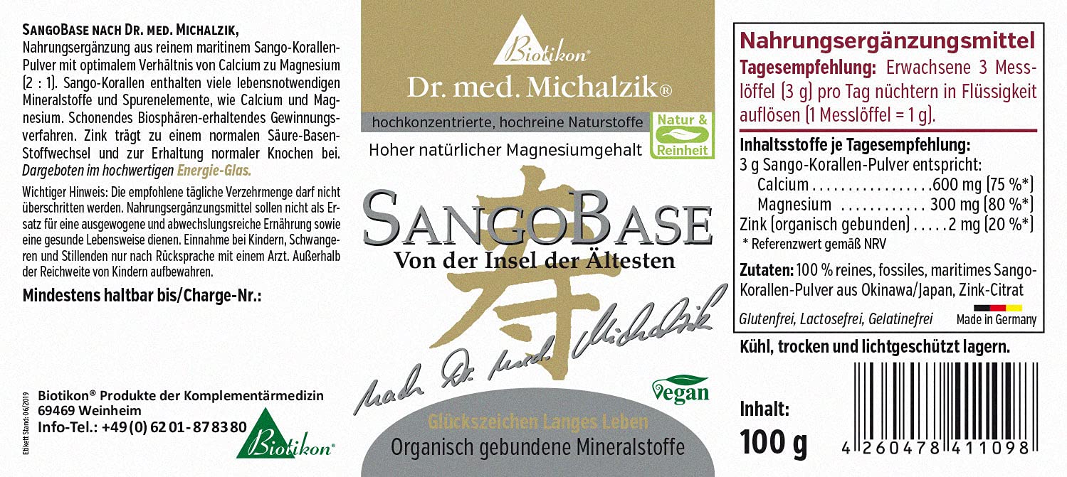 SangoBase Pulver nach Dr. Michalzik, 3 g Sango-Korallen-Pulver, 100 g | Mit Sango-Korallen-Pulver, Calcium, Magnesium und Zink • eigene deutsche Produktion • ohne Zusätze