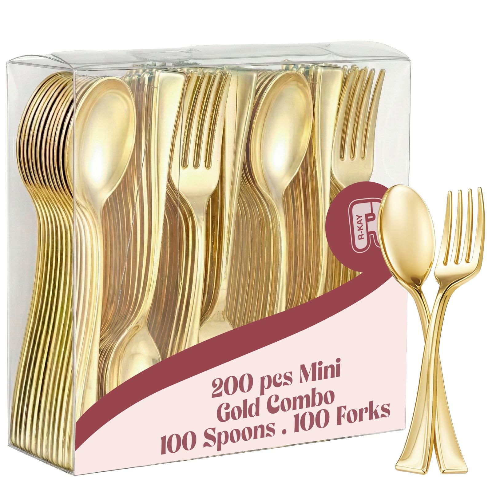 200 Combo Pack 100 Gold Mini Forks And 100 Gold Mini Spoons 4 Inch Dessert Forks And Spoons - Heavy duty Mini Cutlery, Tastings, Cocktails, Dessert Cups.