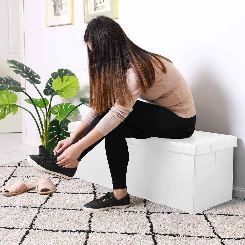 Casaria® Banc de Rangement Blanc 80 x 40 x 40 cm Siège Coffre de Rangement Pliable 100L pour Salon Chambre Couloir