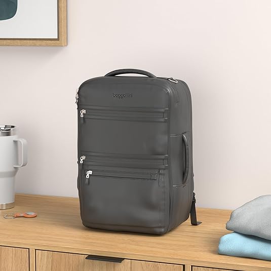 Mochila 35 Litros Baggallini On The Go Mochila De Viaje Para Laptop, Bolsa De Trabajo Ligera Resistente Al Agua Con RFID, Interior Acolchado Y Funda Para Equipaje, Brillo De Plata De Ley