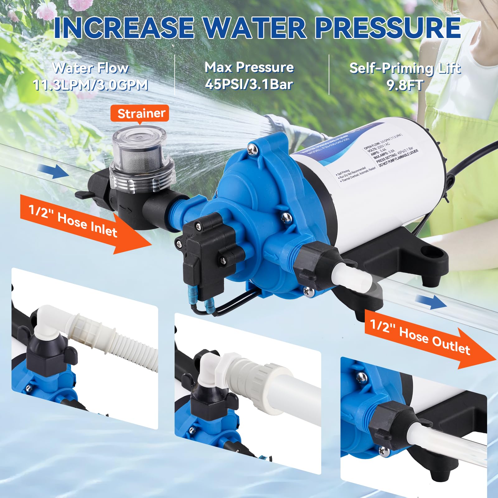 YUCHENGTECH Bomba de Membrana Autocebante 220V AC Bomba de Agua a Presión, 88W, 11.3 Lpm/min, 45 Psi/3.1 Bar Bomba de Agua Automática para Casa, Ducha, Jardín, RV Grifos