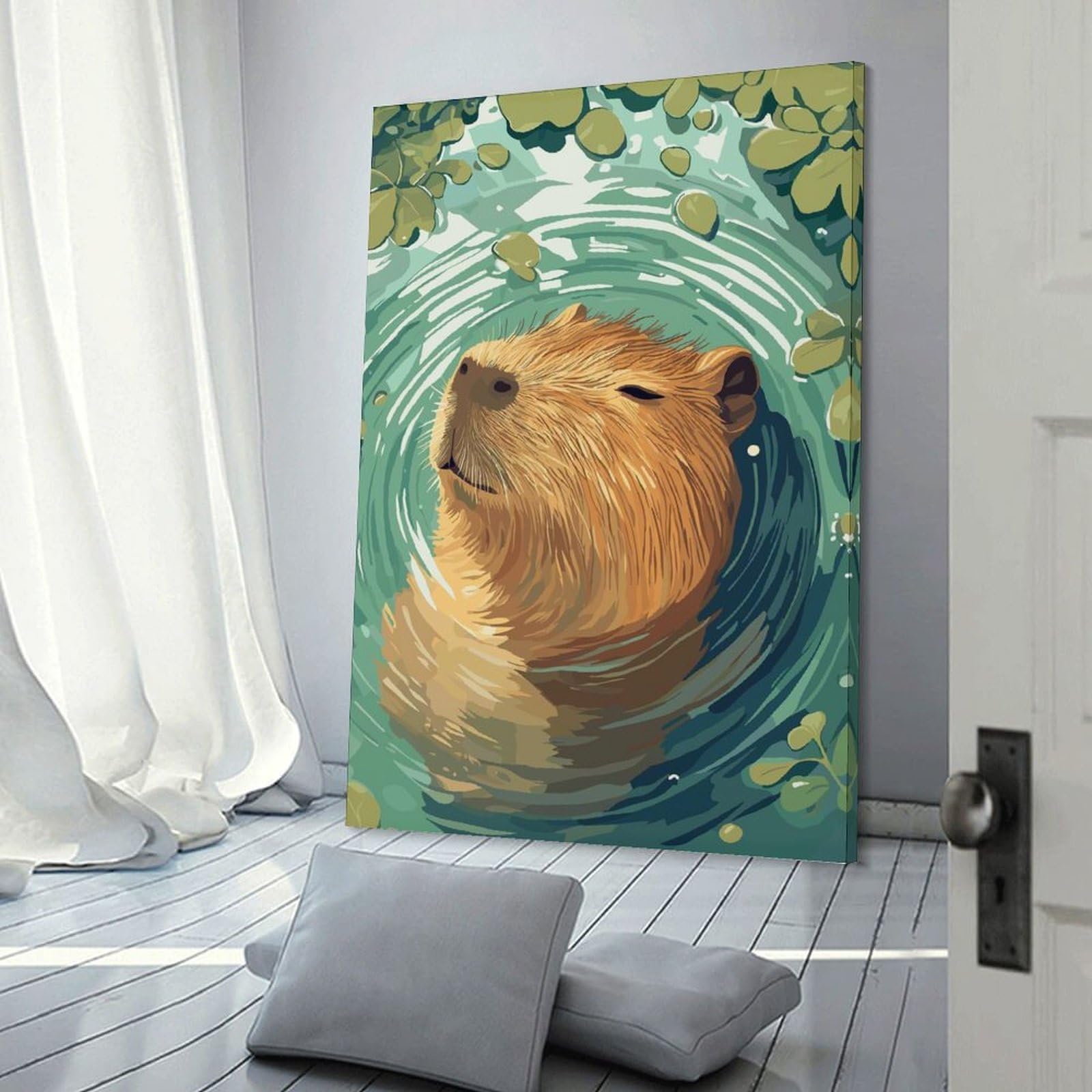 Junmoney Capybara in Water with Leaves Canvas Wall Art, 20x30inch(50x75cm), for Bedroom Decor, Cosy Corners Or Studios, Stylish Decor for A Restful Room Update