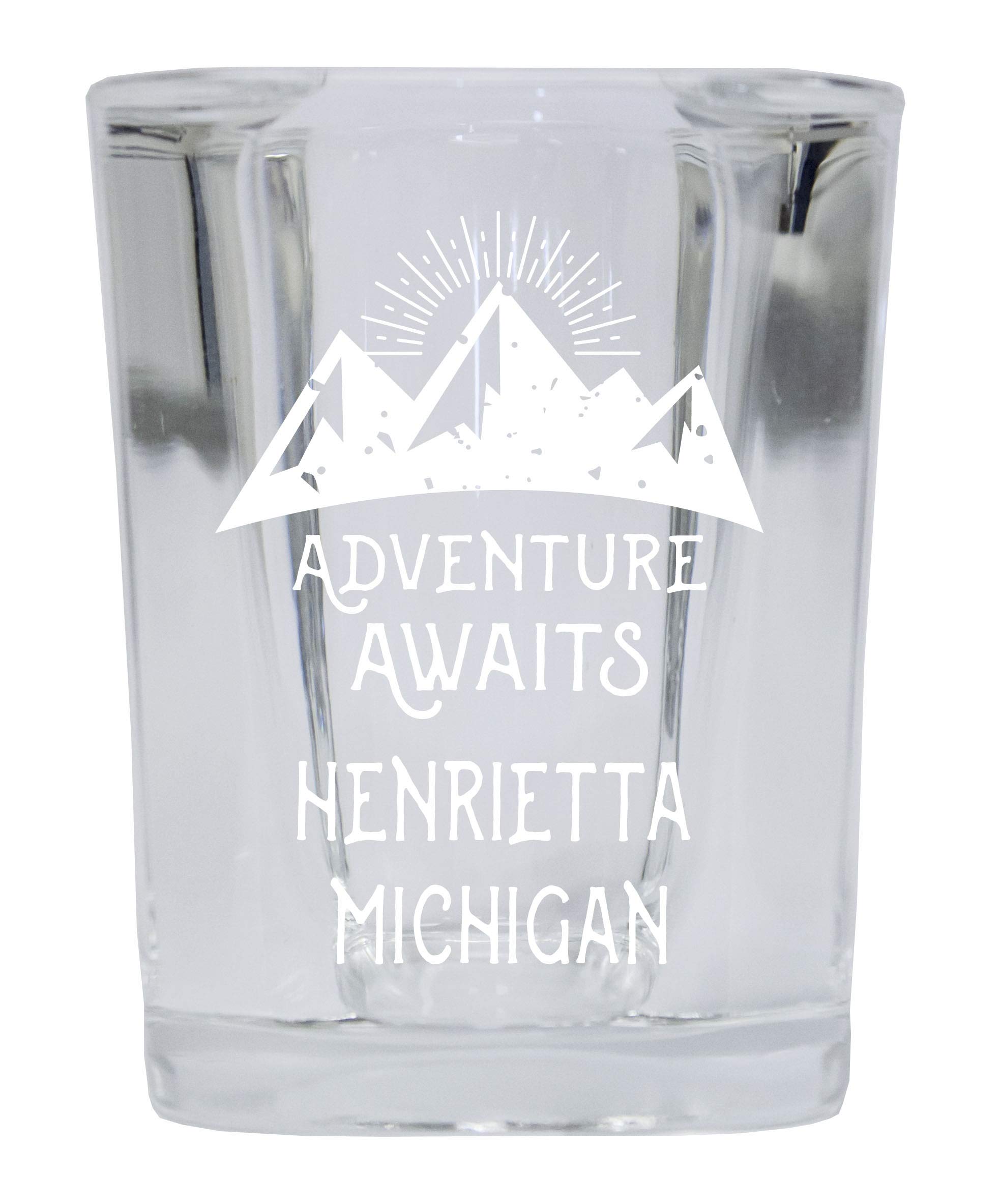 R and R Imports Henrietta Michigan Souvenir Laser Engraved 2 Ounce Square Base Liquor Shot Glass Adventure Awaits Design
