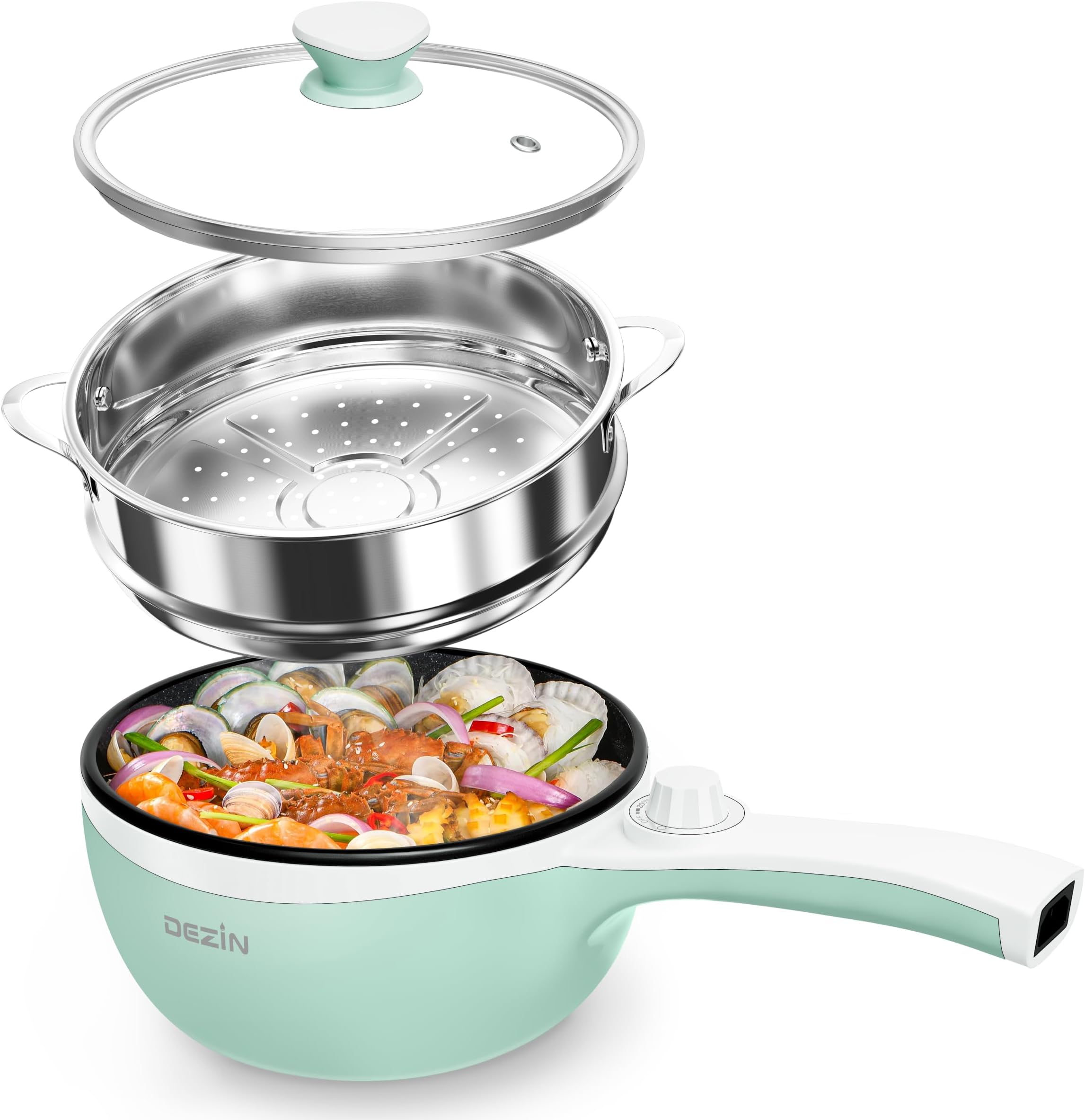 DEZIN Hot Pot Electric with Steamer Upgraded, Non-Stick Sauté Pan, Rapid Noodles Electric Pot, 1.5L Mini Pot for Steak, Egg, Fried Rice, Ramen, Oatmeal, Soup with Power Adjustment (Egg Rack Included)