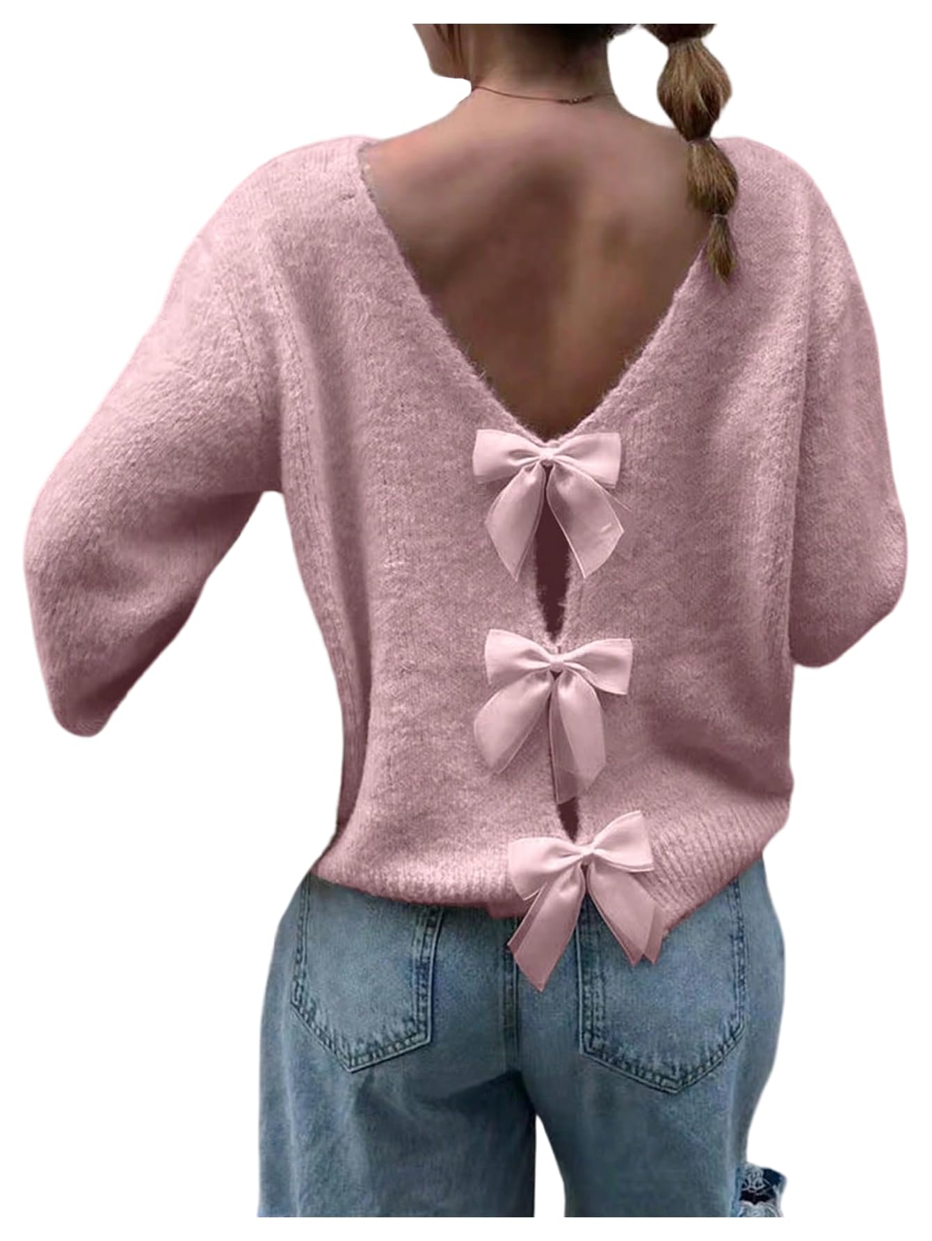 Womens Bowknot Sweater Cute Long Sleeve Boat Neck Drop Shoulder Pullover Jumper Tops Fall Fashion Sweaters