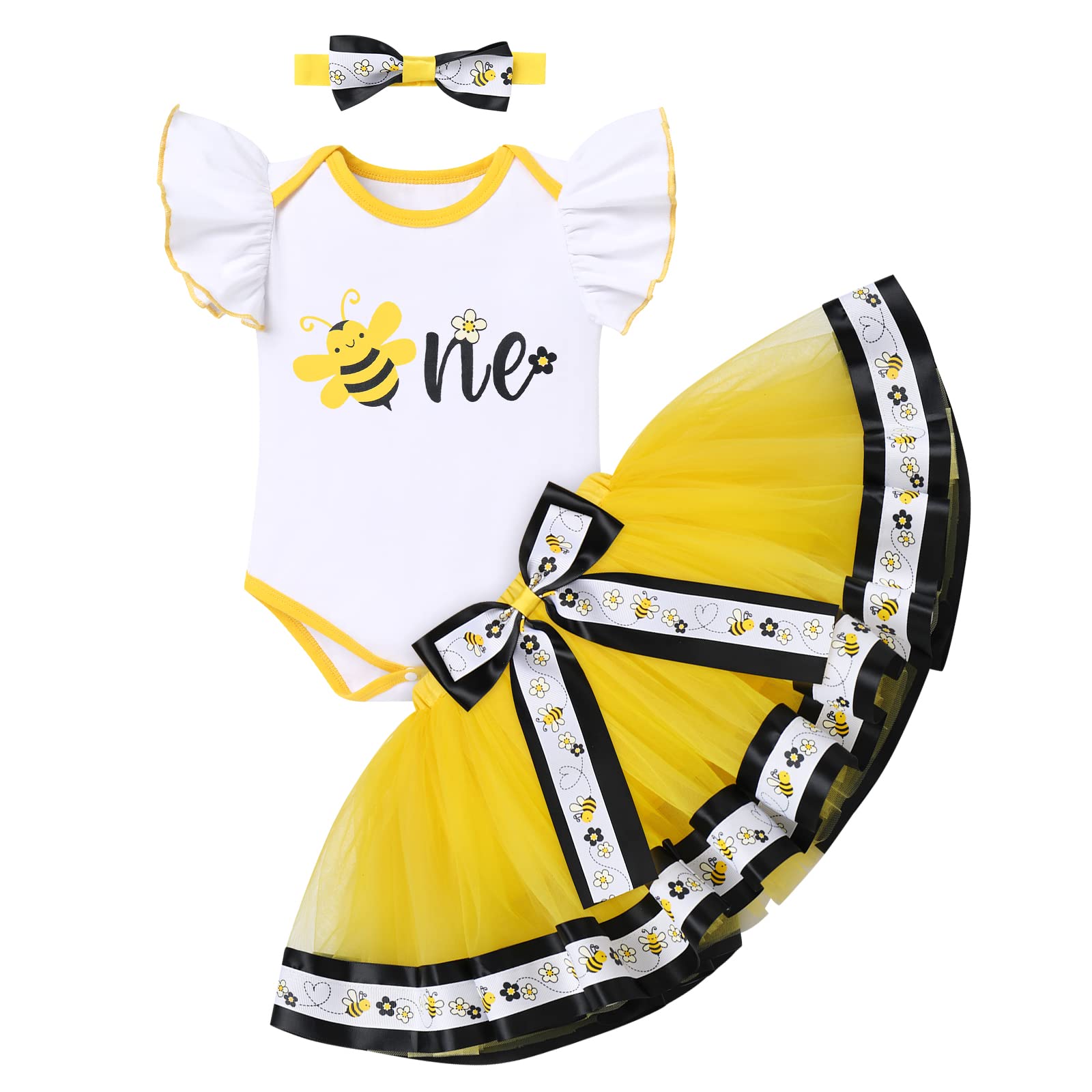 IBTOM CASTLEIt's My 1st 2nd 3rd Bee Day Baby Girls Funny First Birthday Clothes Infant Toddler Bee Party Princess Dress Up Tutu Skirt Romper Bodysuit Bowknot Headband Photo Shoot Cake Smash Outfit