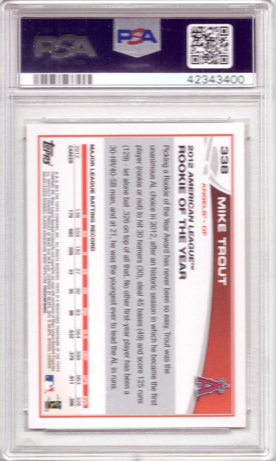 2013 Topps #338 Mike Trout Baseball Card - Wins 2012 AL Rookie of the Year Award - Graded PSA 10 Gem Mint