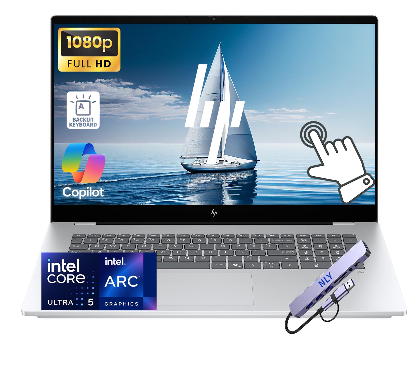 HP OmniBook, 17.3" FHD Touch Screen Business Laptop Computer, 8-Core Intel Core Ultra 5 226V, 16GB RAM 1TB SSD, Windows 11 Pro, Backlit Keyboard, Numeric Keypad, Docking Station, Glacier Silver