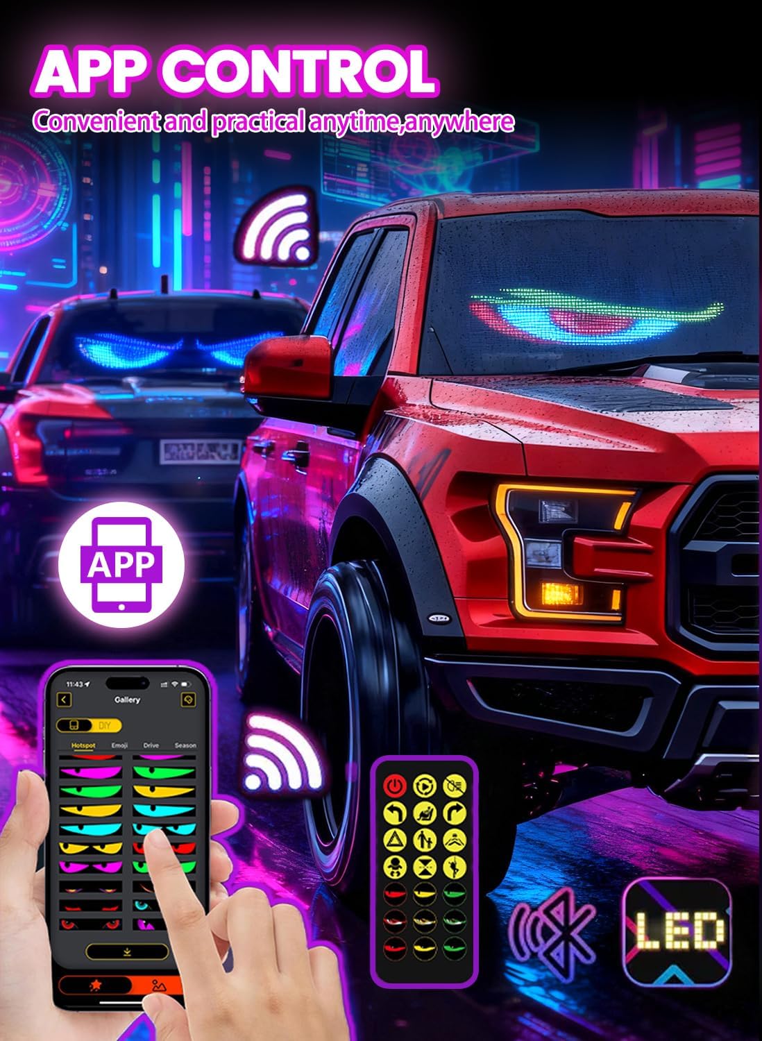 2 Pièces 9.2 * 37.4cm Yeux Led pour Camion et Voiture, Écrans LED | Pare-Brise de Voitures/Camions/Suv/Camping-Cars avec ContrôLe via Application, Texte Personnalisé, Animations et Graphiques