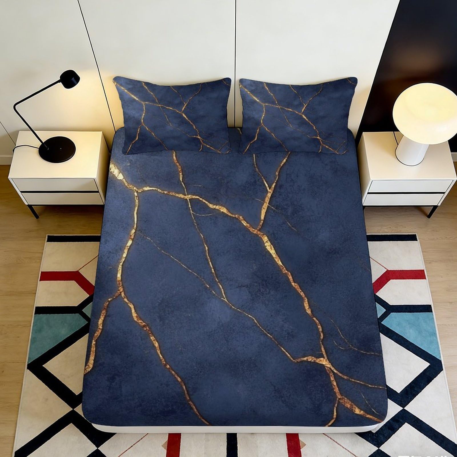 3D Printed Blue Gold Vein Fitted Sheet Microfiber Soft Durable 3D Marble Bed Cover for Bedroom Dormitory Guest Room Mattress Protection 160x200x25cm