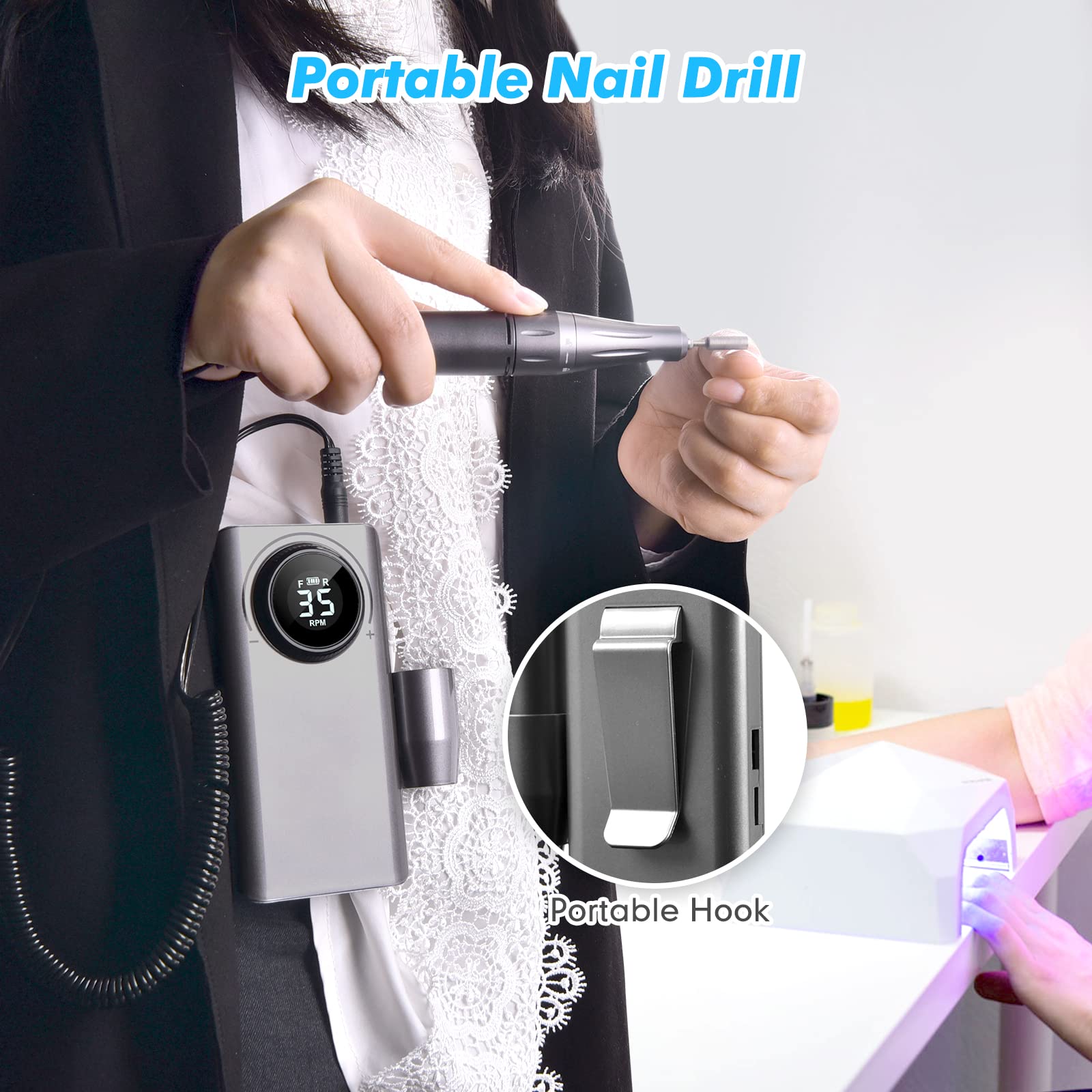 Torno para Uñas Profesional 35000 rpm Portátil Lima de Uñas Eléctrica Inalambrico Recargable Velocidad Ajustable Fresas Torno para Uñas con Pantalla LCD para Manicura Pedicura Salón Belleza