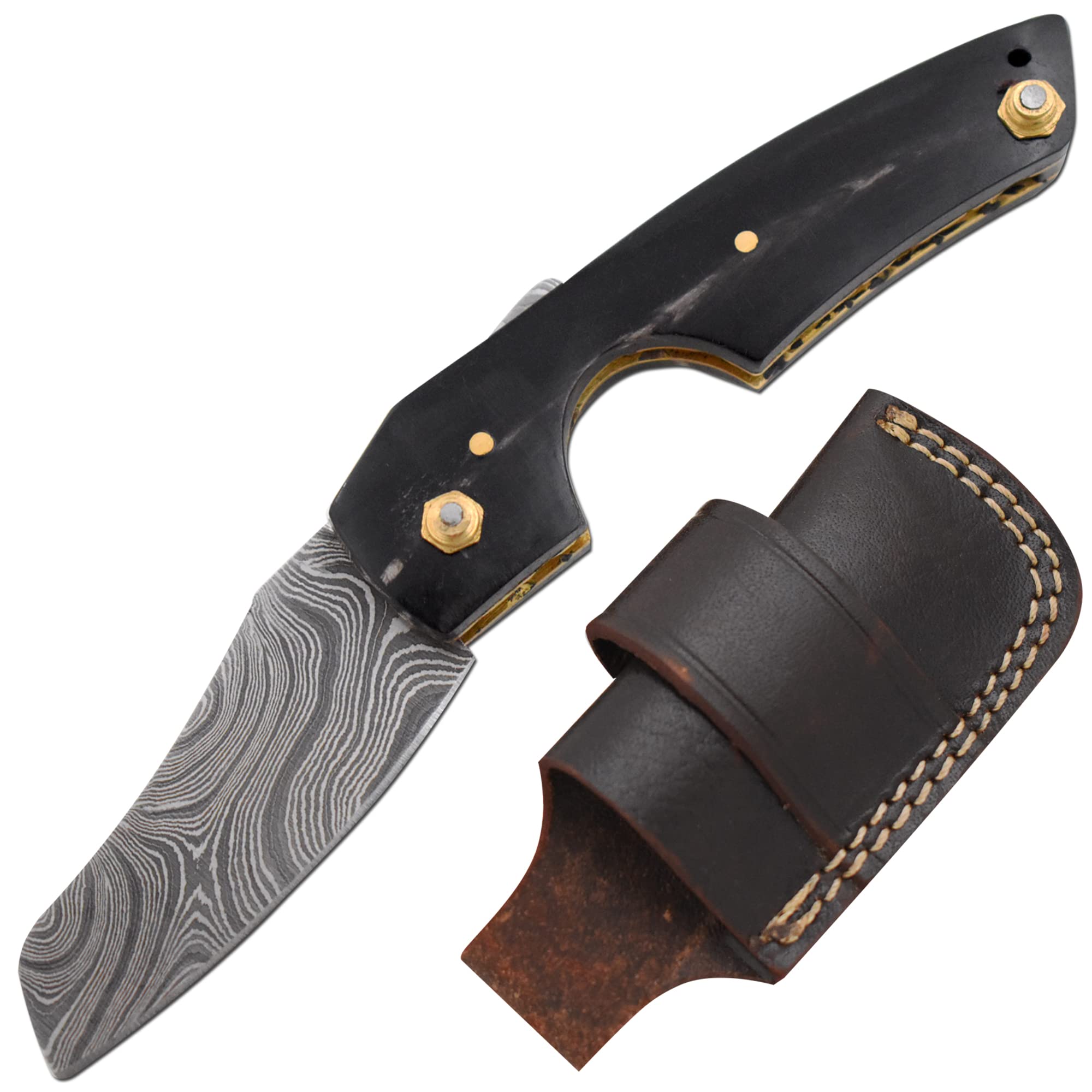 Handmade Real Damascus Steel Cigar Cutter Horn Handle Comes With Leather Sheath