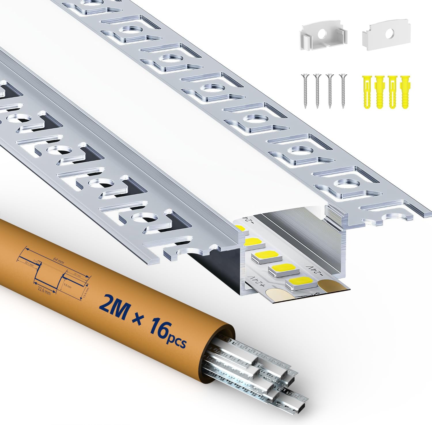 16 x profil LED 2 m, profil do suchej zabudowy w kształcie litery U, do listew świetlnych LED, osłona i profilowa zaślepka do płyt kartonowo-gipsowych, sufitu, ściany, oświetlenie liniowe