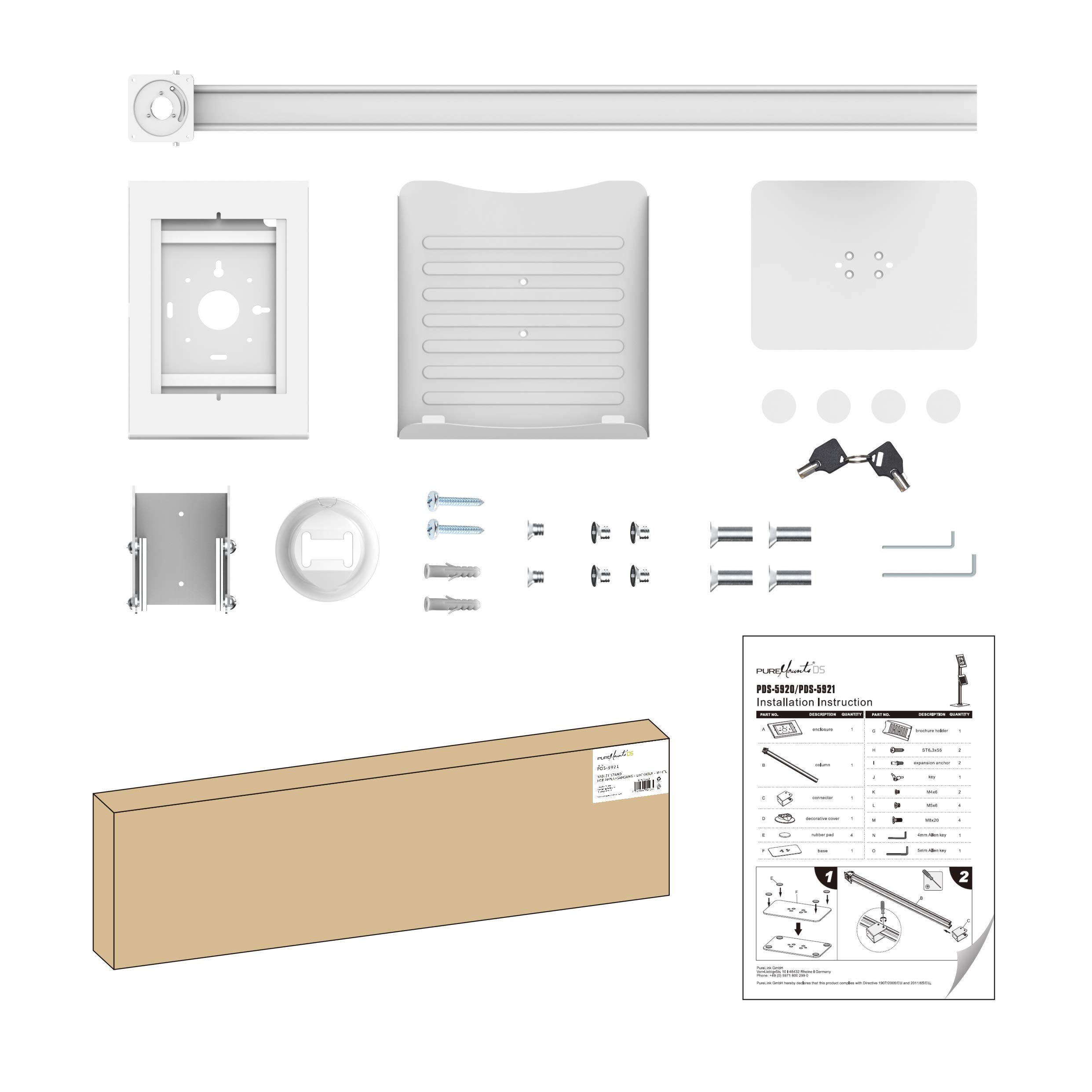 PureMounts PDS-5921 Supporto per iPad con custodia in acciaio e serratura per Apple iPad 9.7"/"10.2"/"Pro 10.5"/"Air 10.5" (Gen 3) bianco
