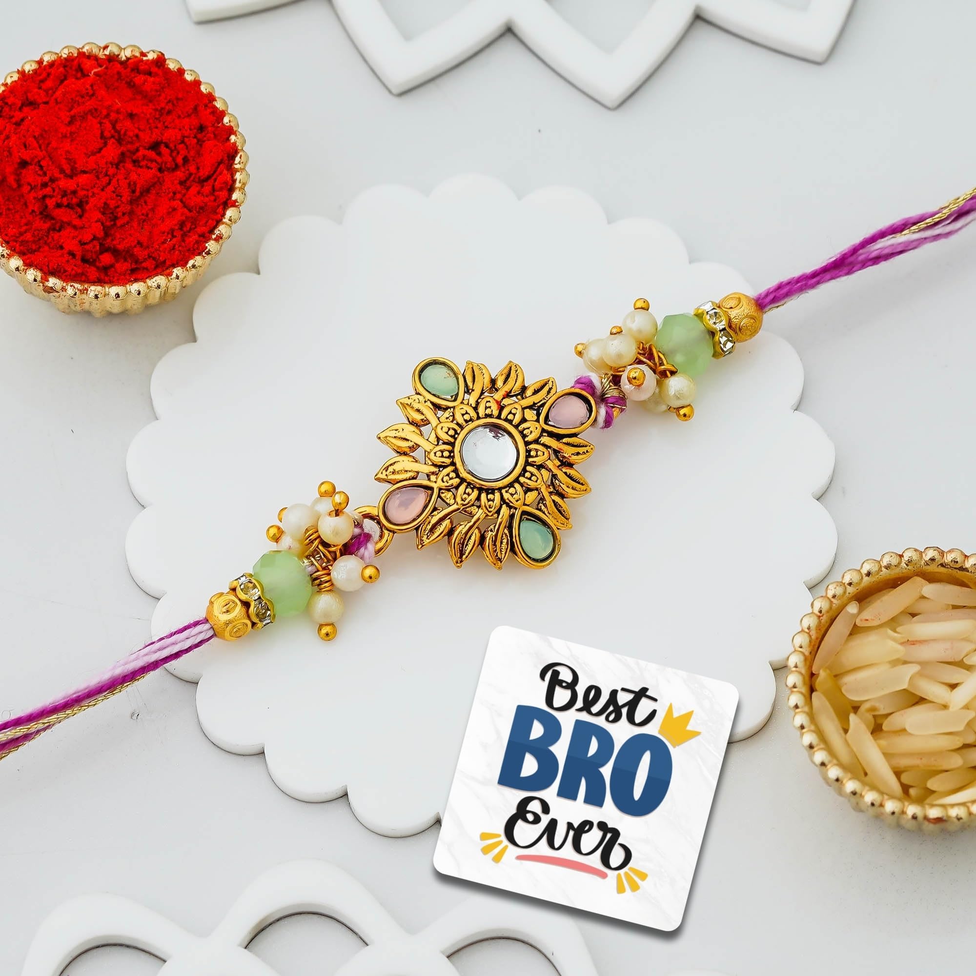 eCraftIndia Beautiful Floral Rakhi for Brother With Gift Combo Set | Raksha Bandhan Designer Rakhi for Bhaiya Bhabhi Bhai Kids Boy | Best Bro Ever Fridge Magnet | Roli Chawal Pack