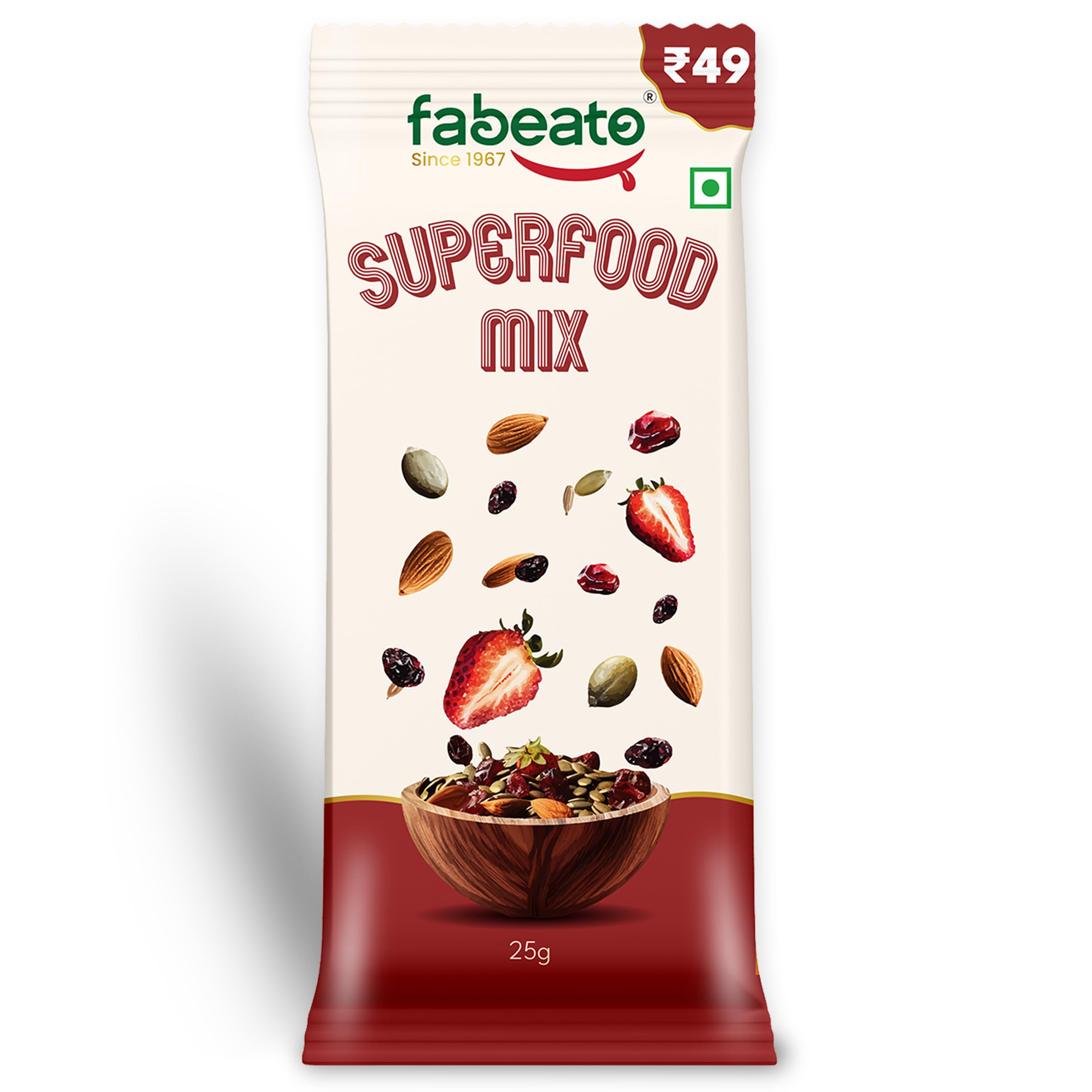 Fabeato Munch on the Go Snack Premium Superfood Mix | Nüsse, Trockenfrüchte, Samen und Beeren | reich an Ballaststoffen, reich an Eiweiß | Jeder Beutel 25 g | 10 Stück