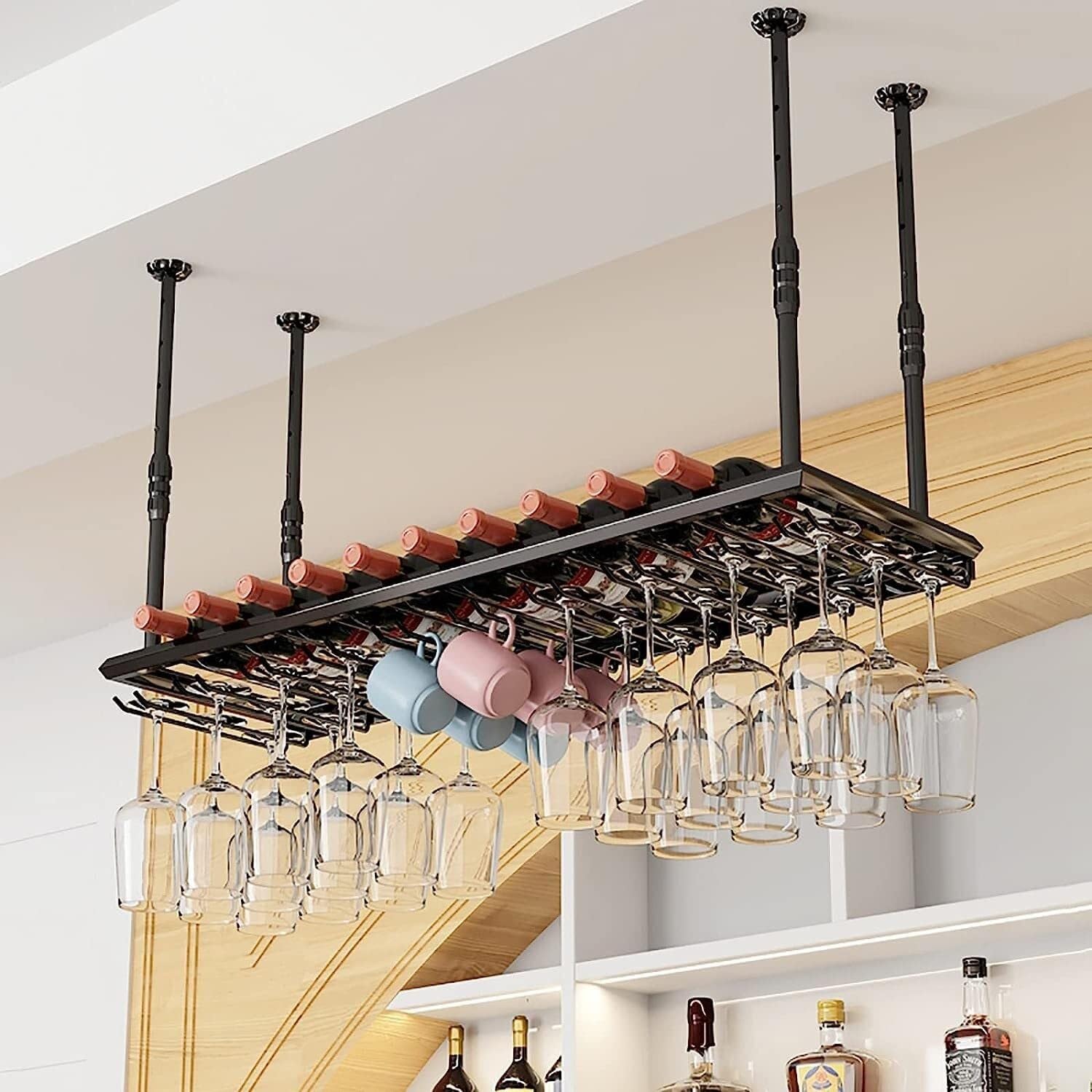 Casier à vin de plafond pour bar et cuisine, porte-bouteille vintage et rack à verre 120cm