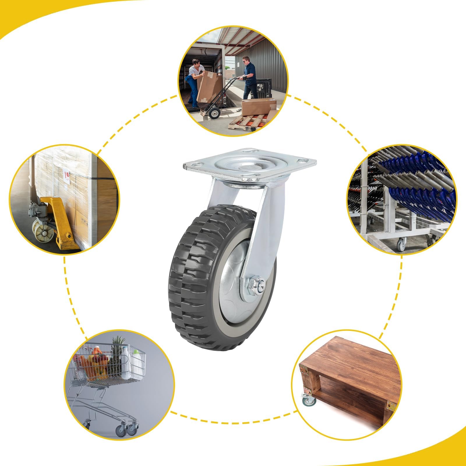 uyoyous - 4 ruote per piastre da 150 mm, con freno, girevoli a 360°, ruote per il trasporto, ruote in gomma piena, portata 600 kg (2 ruote girevoli + 2 ruote freno)