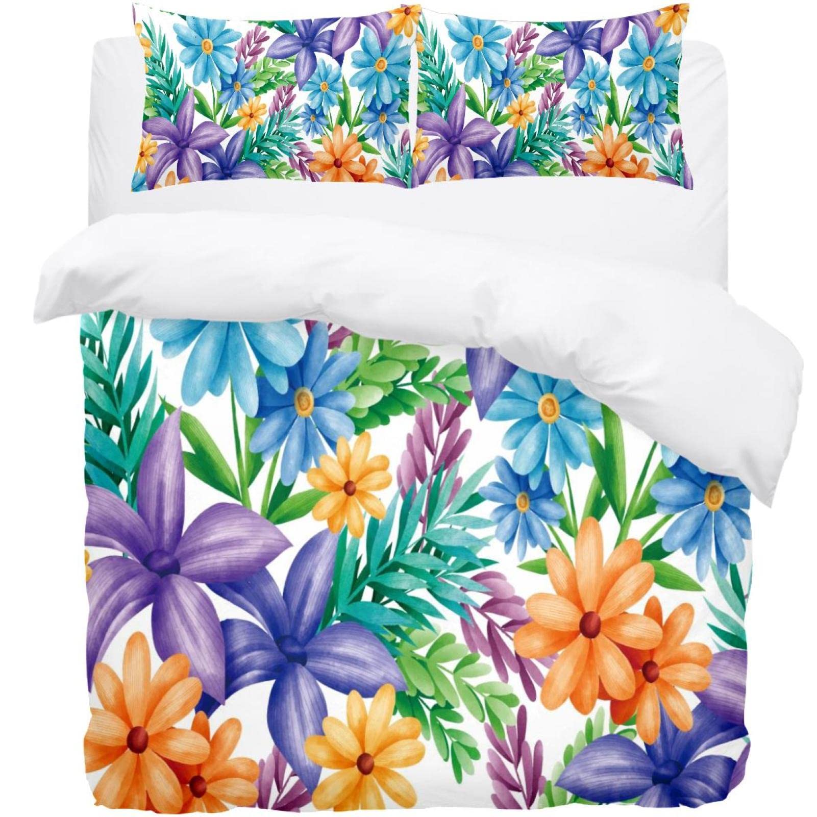 Parure de lit motif floral bleu et jaune avec housse de couette 2 personnes