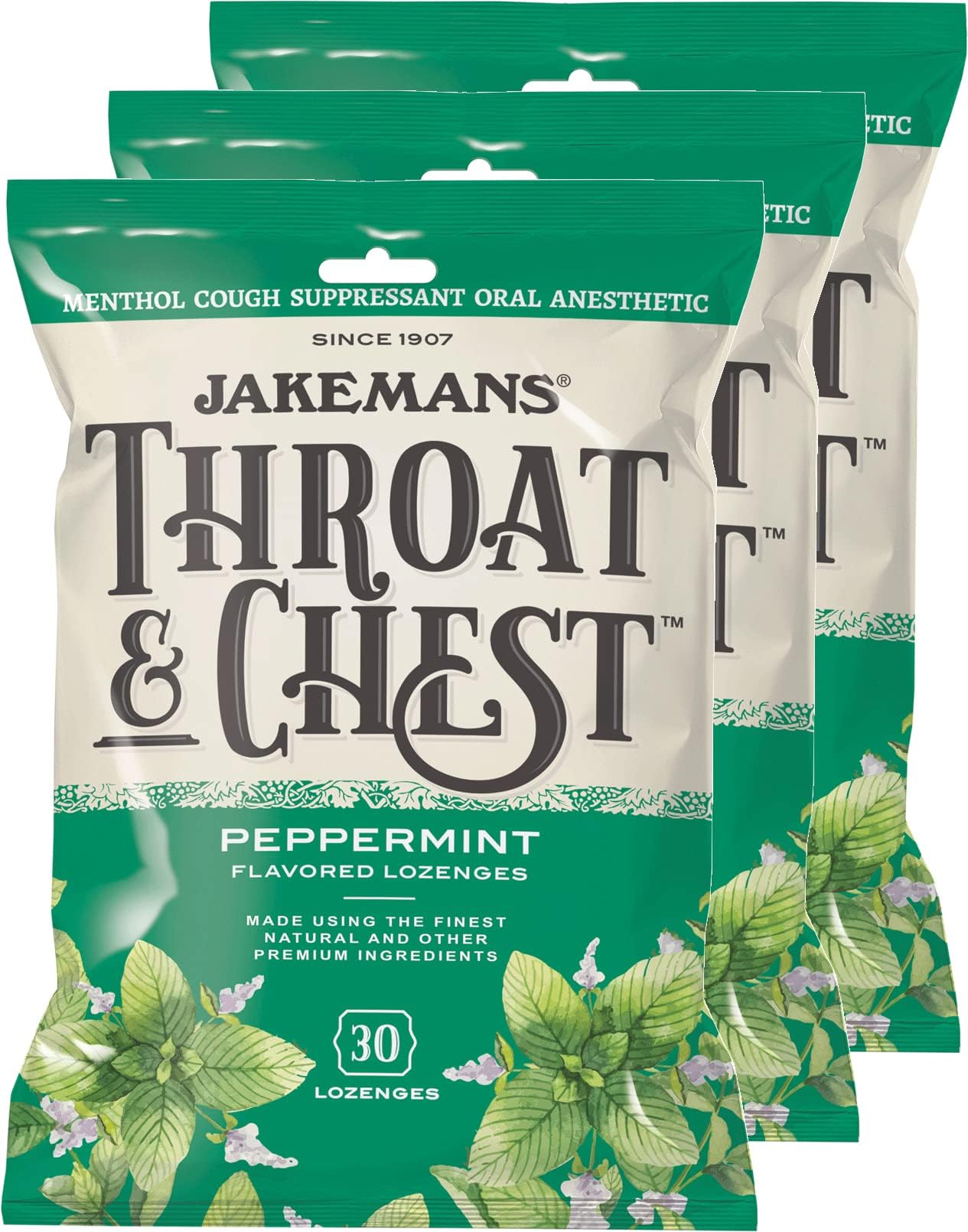 Jakemans Throat & Chest Menthol Cough Suppressant Peppermint - 30 Lozenges (3 Pack)