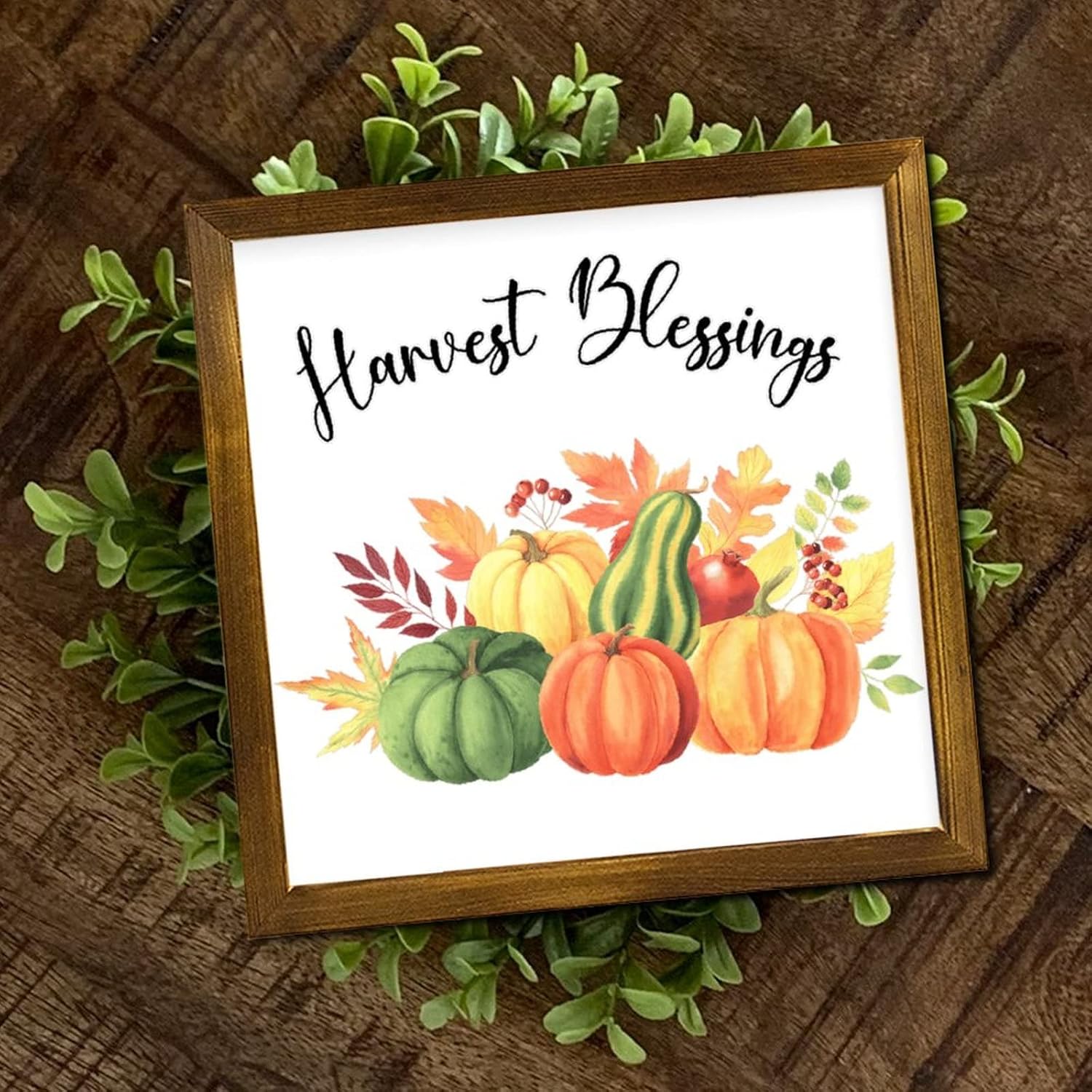Harvest Blessing Wooden Framed Signs Fall Pumpkin Sunflower Maple Leaves Wall Sign Retro Farm Harvest Wooden Wall Art Decor for Bedroom Living Room Office Outdoor Home 12x12 inch