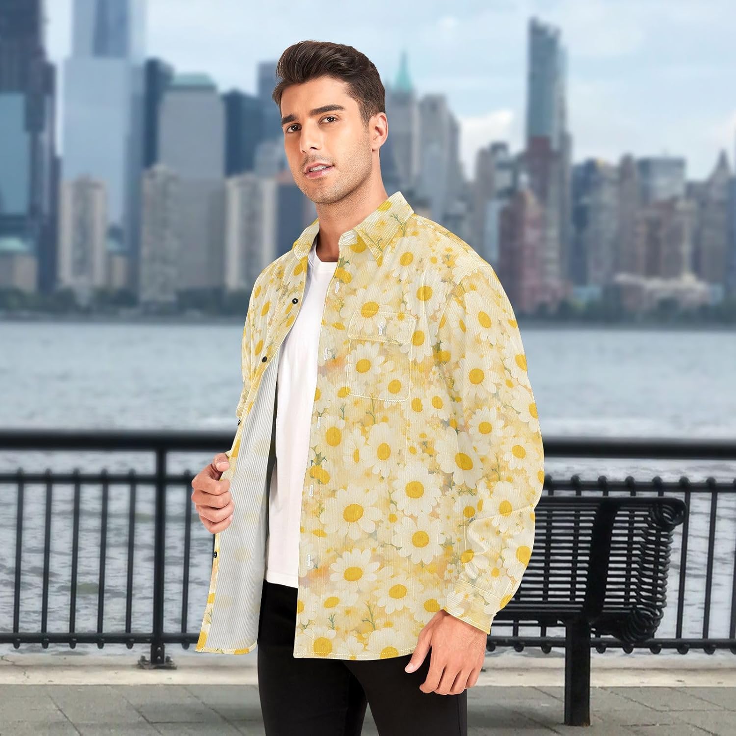 KLL Delicate Daisy Print Ladies Mens Wrinkle Free Rugby Shirts Daily Wear Long Sleeve Tops