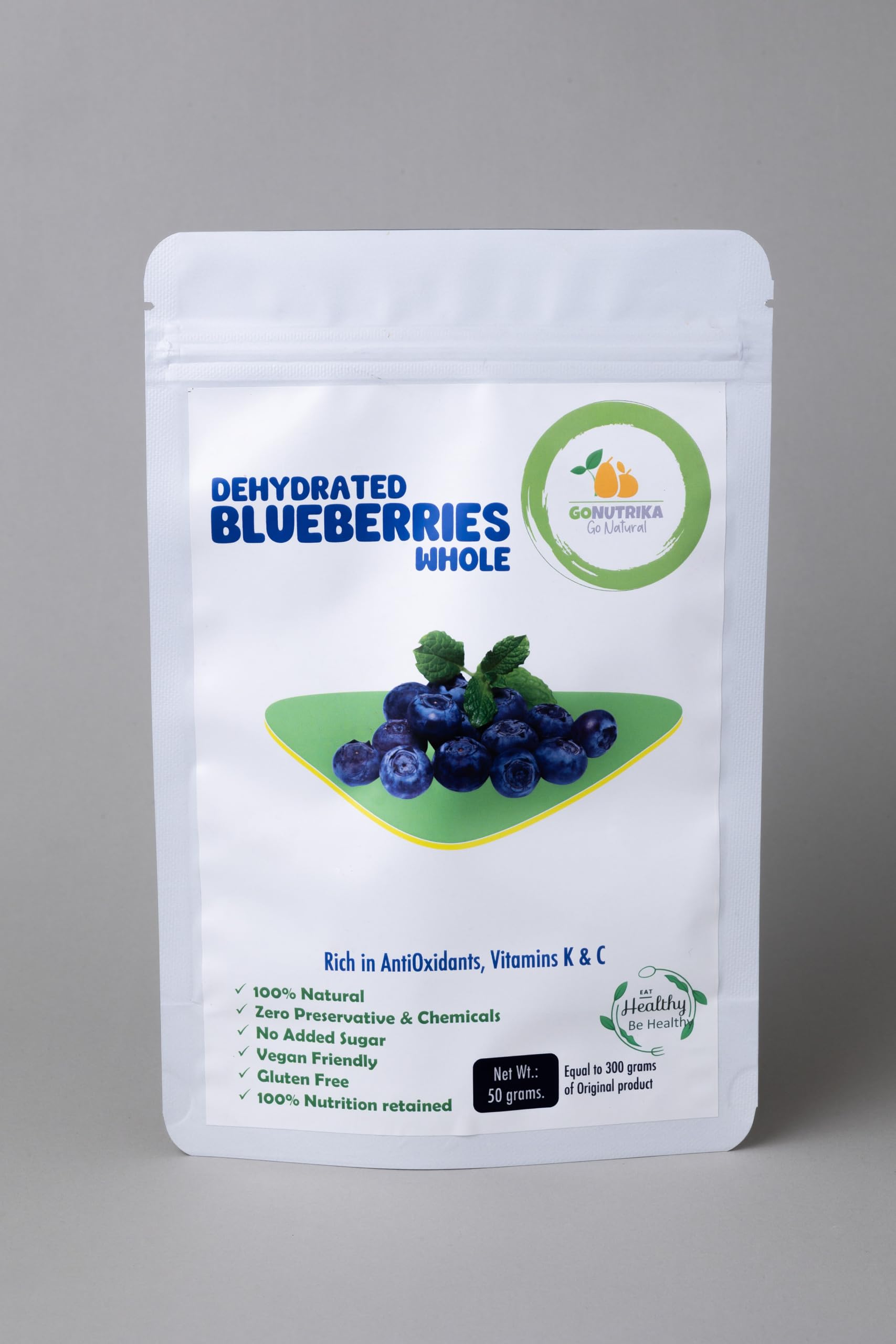 GoNutrika Dehydrated Whole Blueberries, 100% Natural, No Added Sugar, Vegan Friendly, Gluten Free, Rich in Antioxidants and Vitamins, 50g