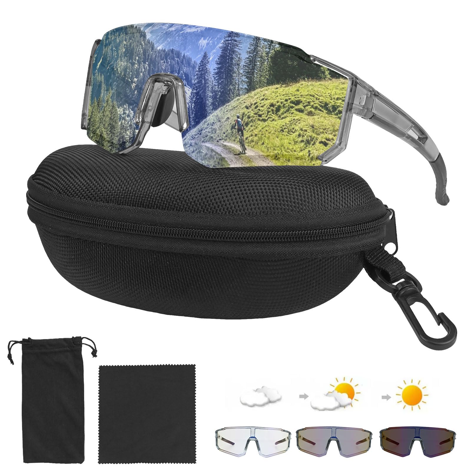 Sports Cycling Glasses - Photochromic Clear Cycling Sunglasses, UV400 Windproof Shades, Running Sunglasses and Glasses Case, Cloth, Pouch for Men Women Fishing Running Golf Outdoor Bicycle (Grey)