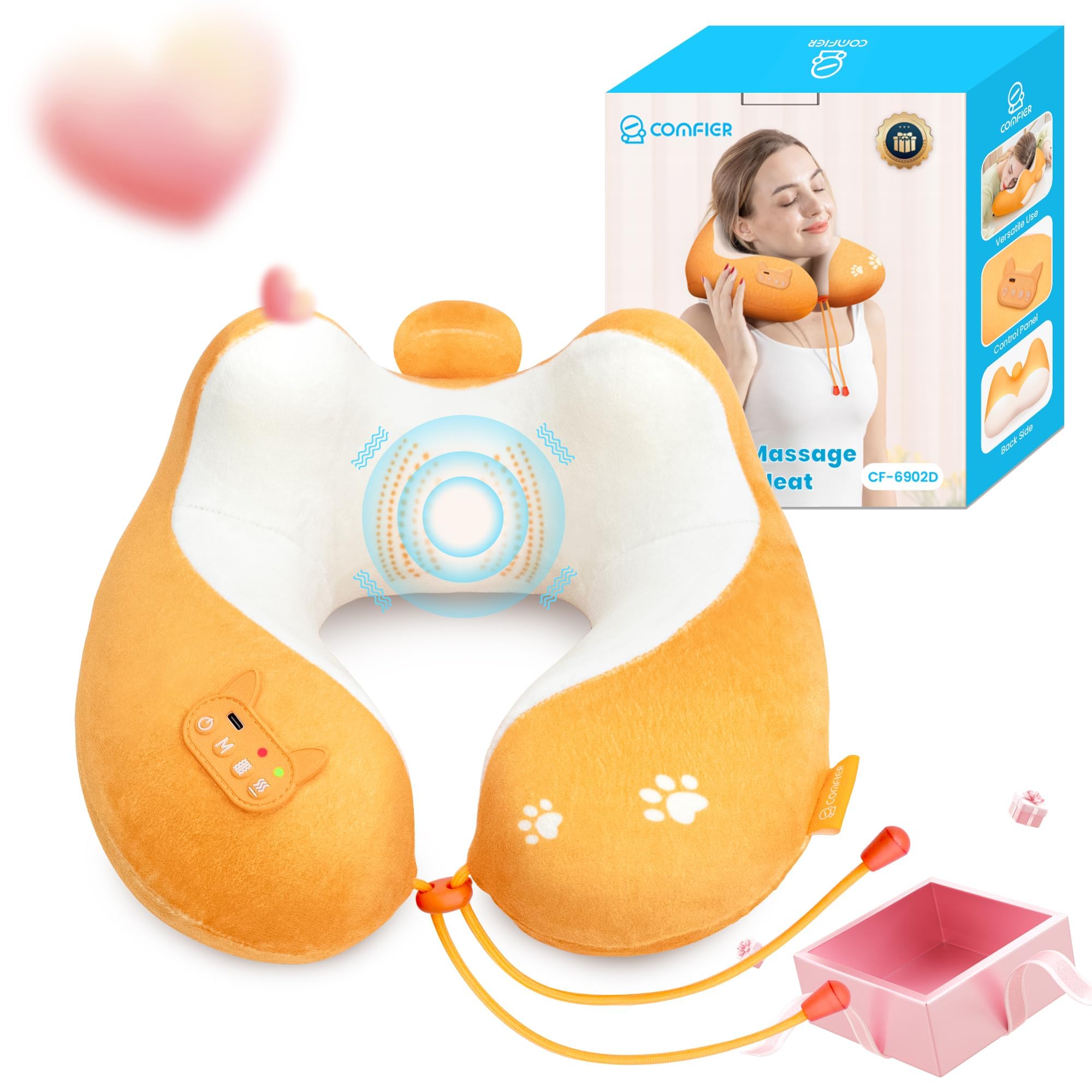 COMFIER Travel Pillow with Heat,Vibration Massage,Cordless Airplane Neck Pillow for Sleeping with Headrest Support for Head, Neck, and Chin,Memory Foam,Machine Washable,Flights,Office Essentials