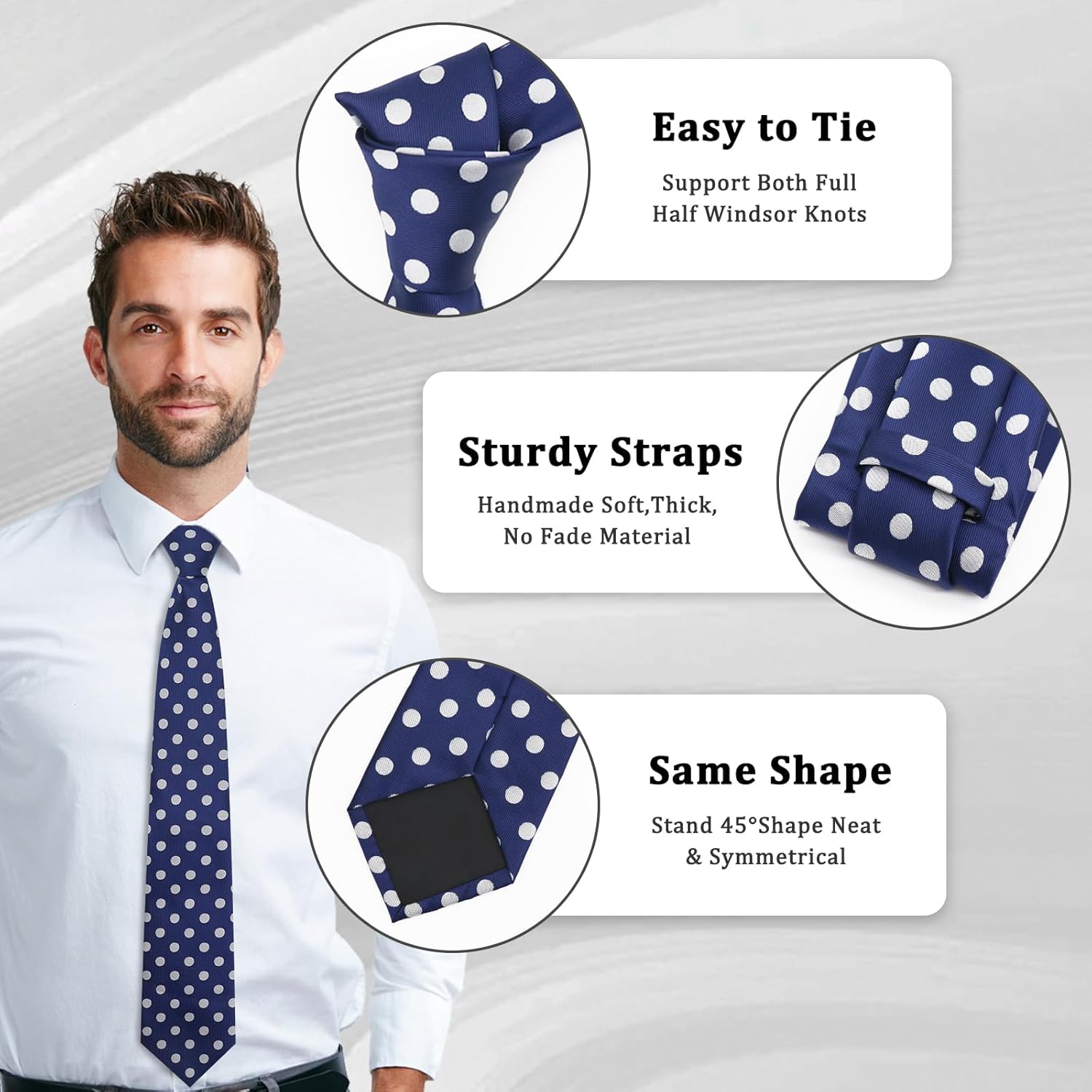 Mens Tie and Pocket Square Combo, Black Blue and White Polka Dot Ties for Men with Handkerchief for Business Tuxedo - Image 4