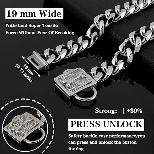 Miniatura 4 de Collar de cadena para perro de 0.748in, acero inoxidable con diamantes de imitación de lujo, a prueba de mordidas, collar de entrenamiento para