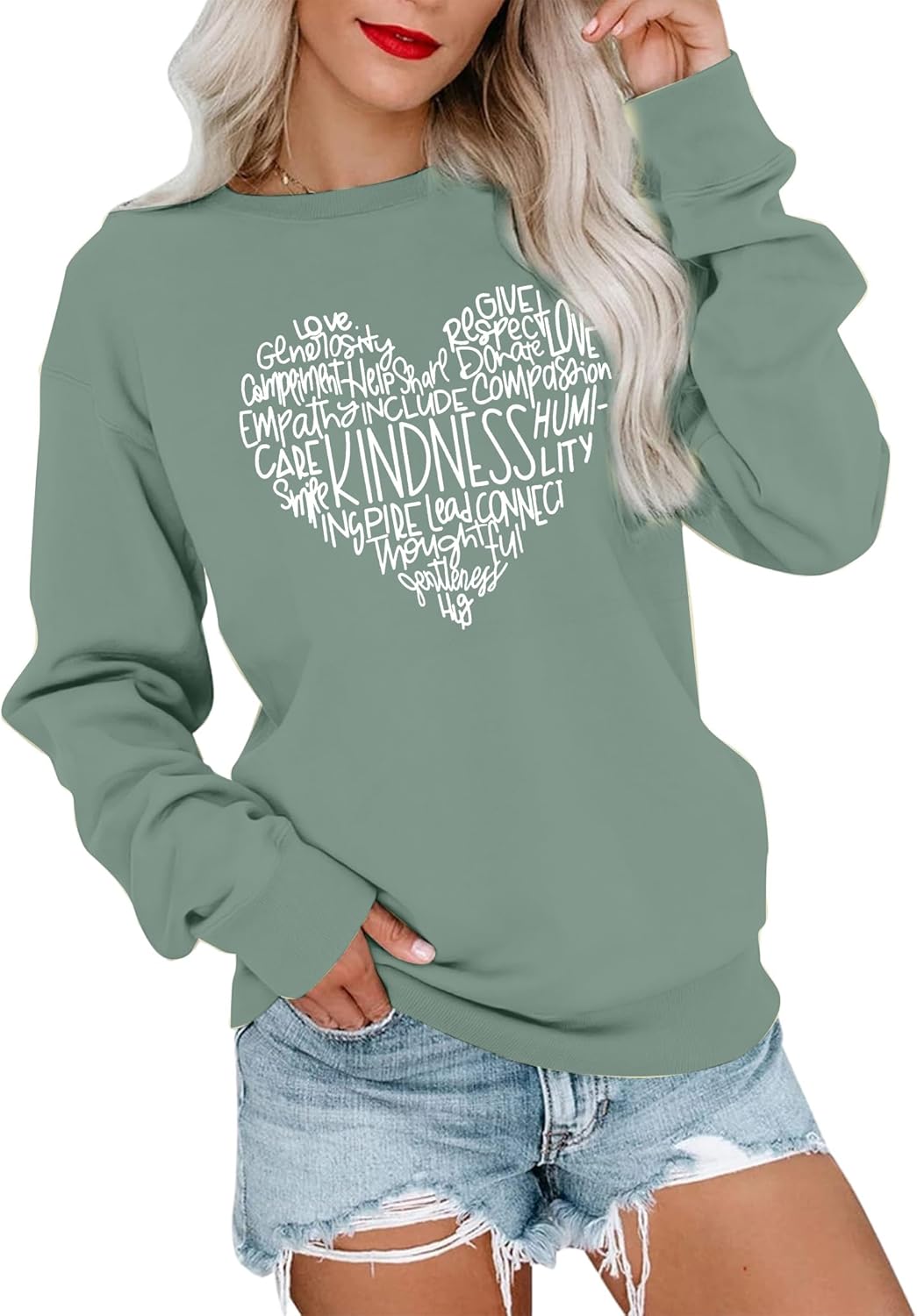 MOUSYA Kindness Heart Sweatshirt Love Heart Graphic Tees Valentine's Vibes Love Long Sleeve Shirts Tops