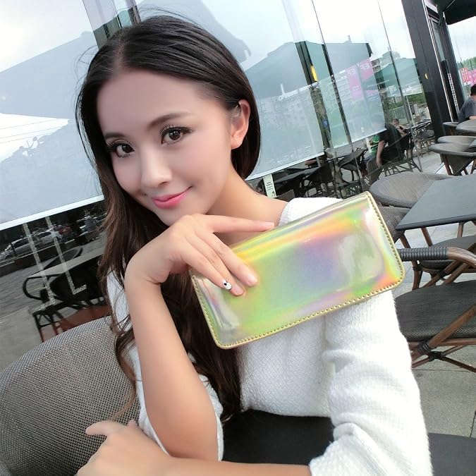 Women's Hologram Zipper Around Pu Leather Wallet Clutch Purse