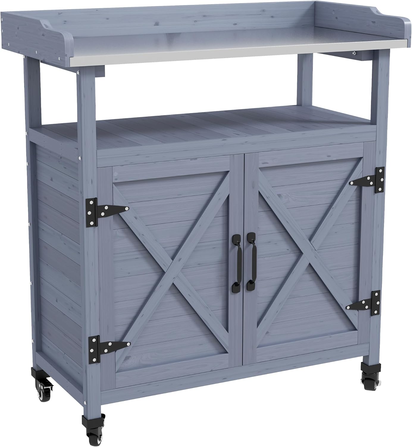 Outsunny Outdoor Wooden Potting Bench Table, Garden Workstation with Storage Cabinet, Aluminum Table Top, Rubber Wheels for Backyard, Patio, Balcony, Gray