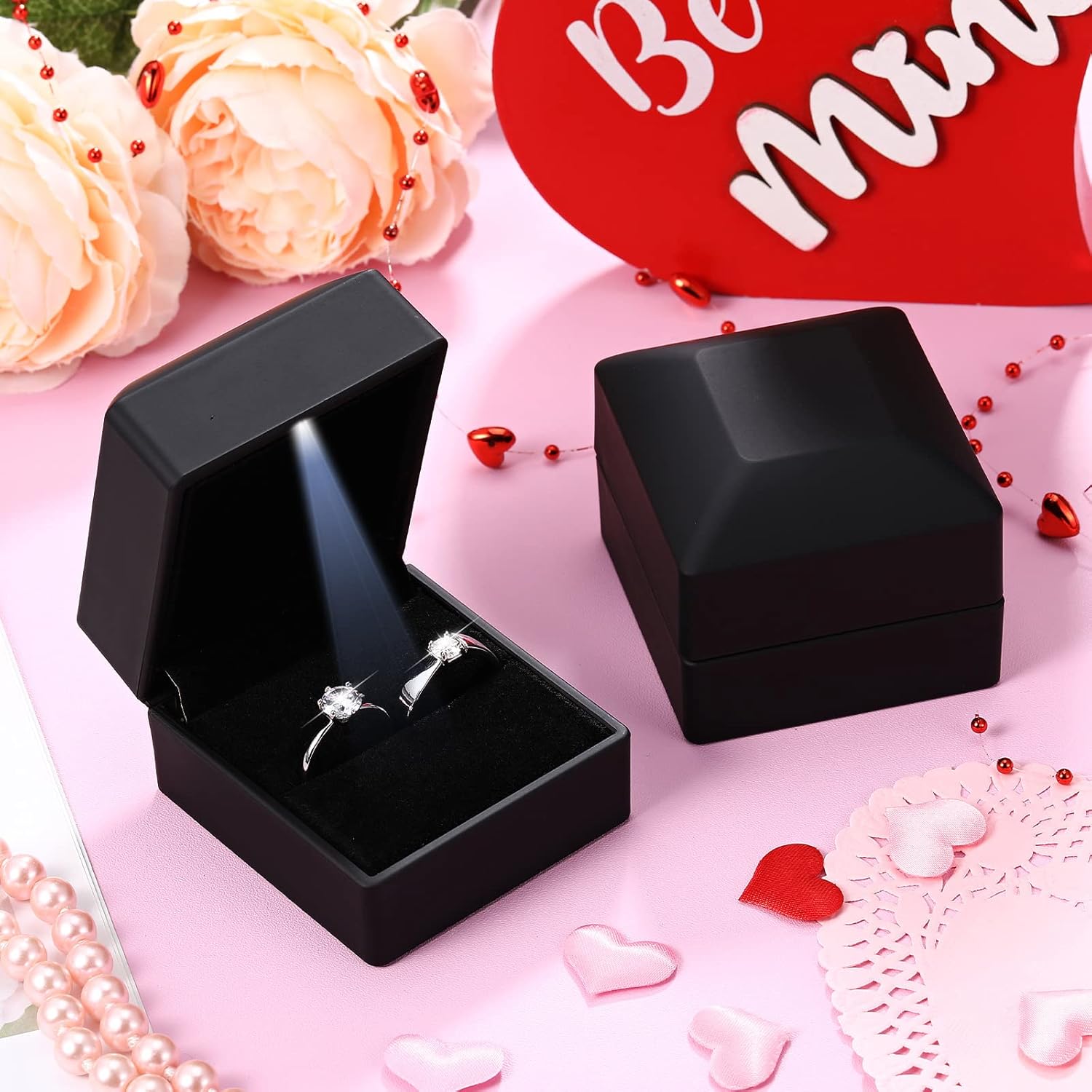 6 Pcs Black Ring Box with LED Light Engagement, Proposal, Wedding Ring Case Earring Gift Box, Elegant Velvet Square Shaped Wedding Ring Box Display Ceremony Anniversary Birthday Gift (Pack of 2) - Image 3