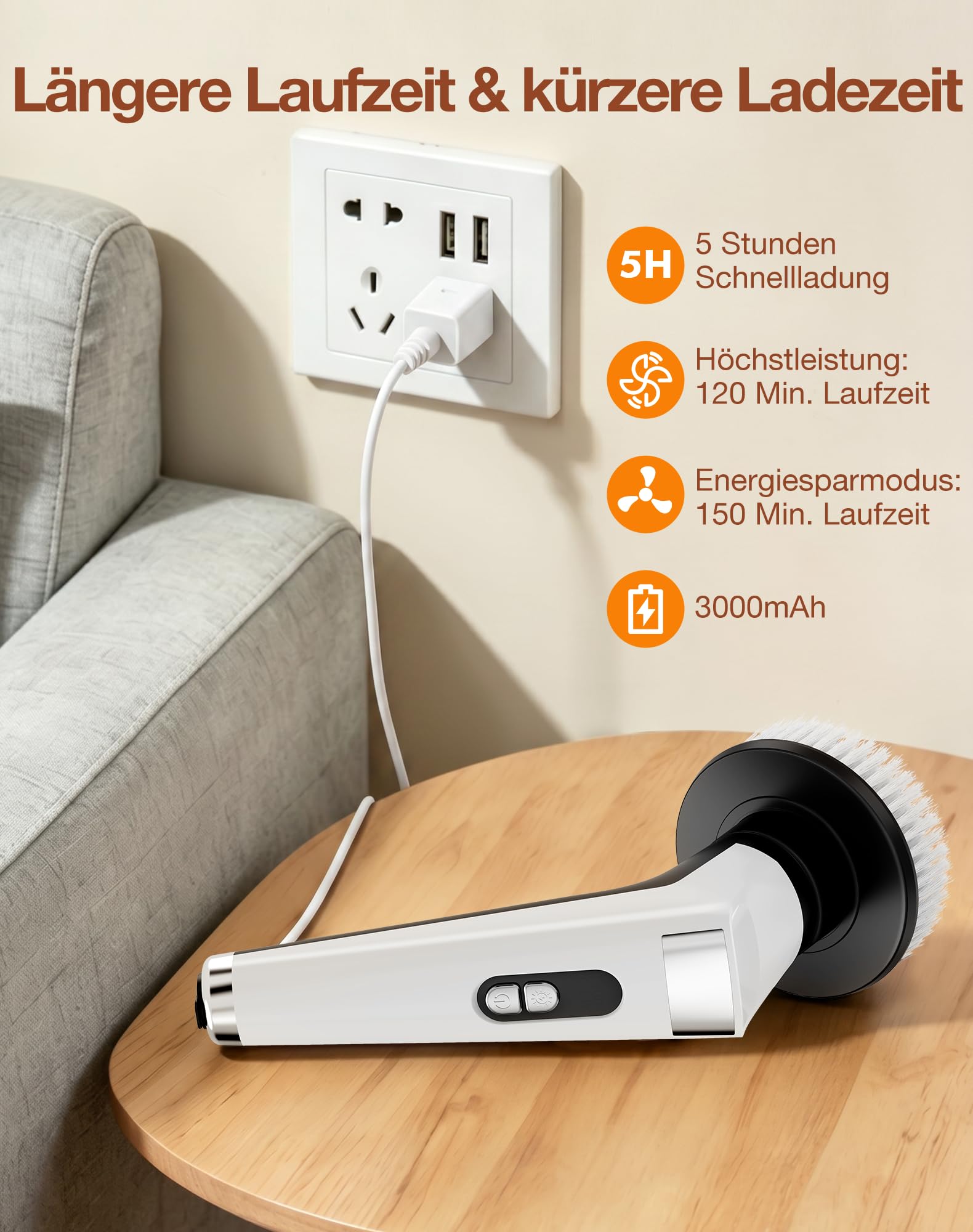Elektrische Reinigungsbürste mit 9 Wechselbürsten, 3 Geschwindigkeiten, IPX8 Wasserdicht, 3000 mAh Akku, LED Light, Teleskopgriff, 360° Elektrische Bürste zum Putzen für Bad,Küche,Fliesen,Auto