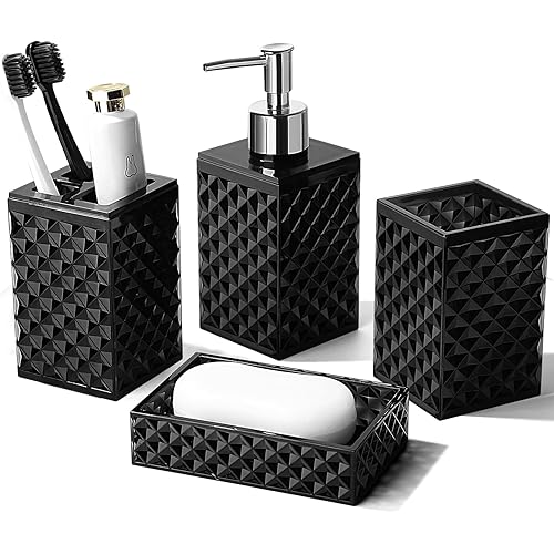 RYTOXILO Black Bathroom Accessories Set, 4 Pack Matte Black Bath Accessory Sets Complete, Acrylic Soap Dispenser and Toothbrush Holder Set for Bathroom Counter Sink, Modern Bathroom Decor
