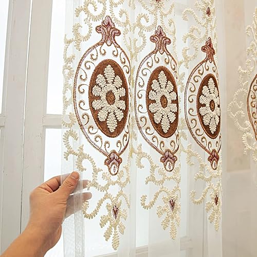 Miniatura 7 de ELKCA Cortinas traslúcidas bordadas beige para dormitorio, tul transparente de lujo para sala de estar, ojales superiores, 52 pulgadas de ancho x 84