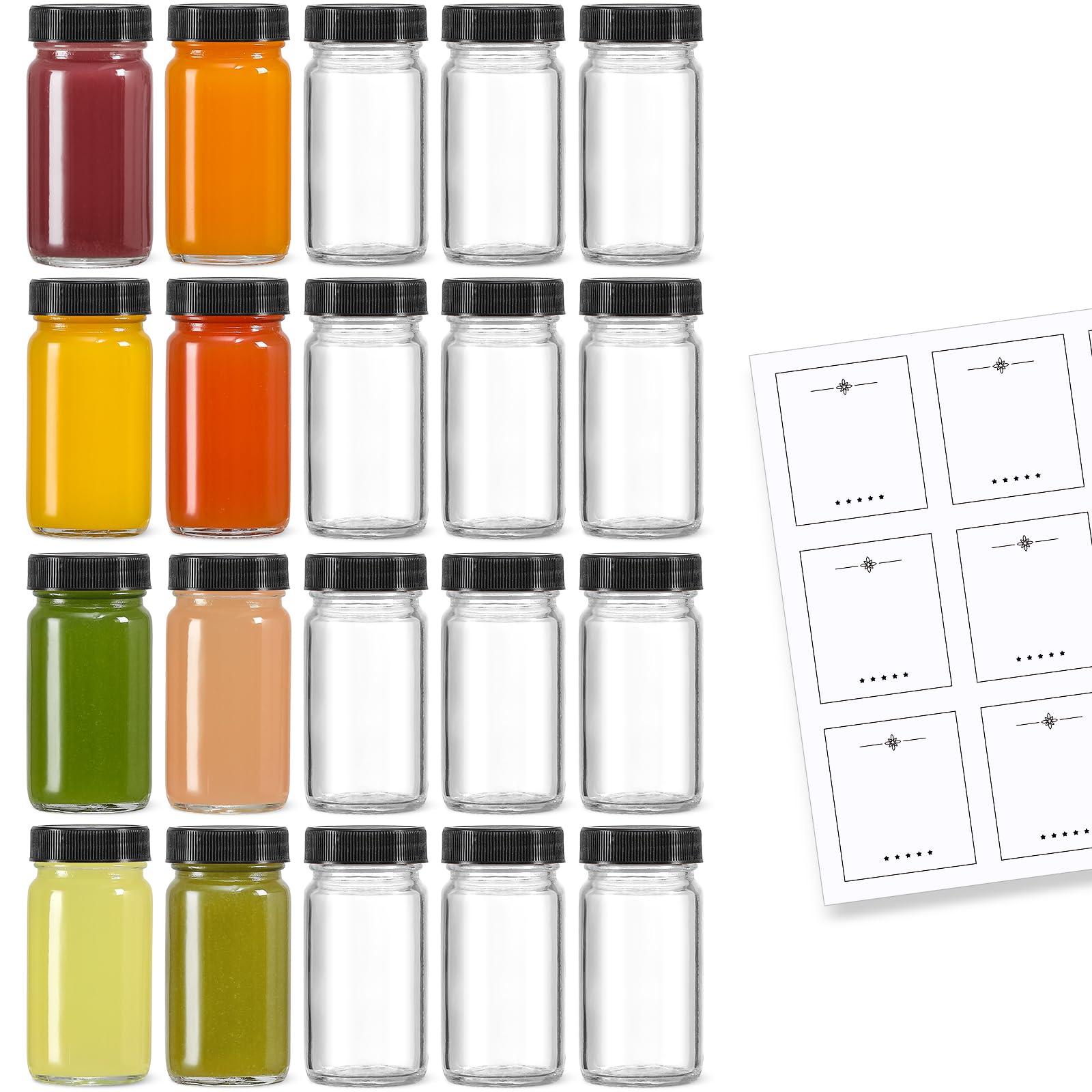 20 Pack 2 oz Glass Shot Bottles w/ Black Lids & 20 Labels - Small Clear Jar for Ginger, Wellness Shot, Juice, Sample, Whiskey - Travel Essentials Mini Bottles - Wide Mouth, Leakproof, Dishwasher Safe