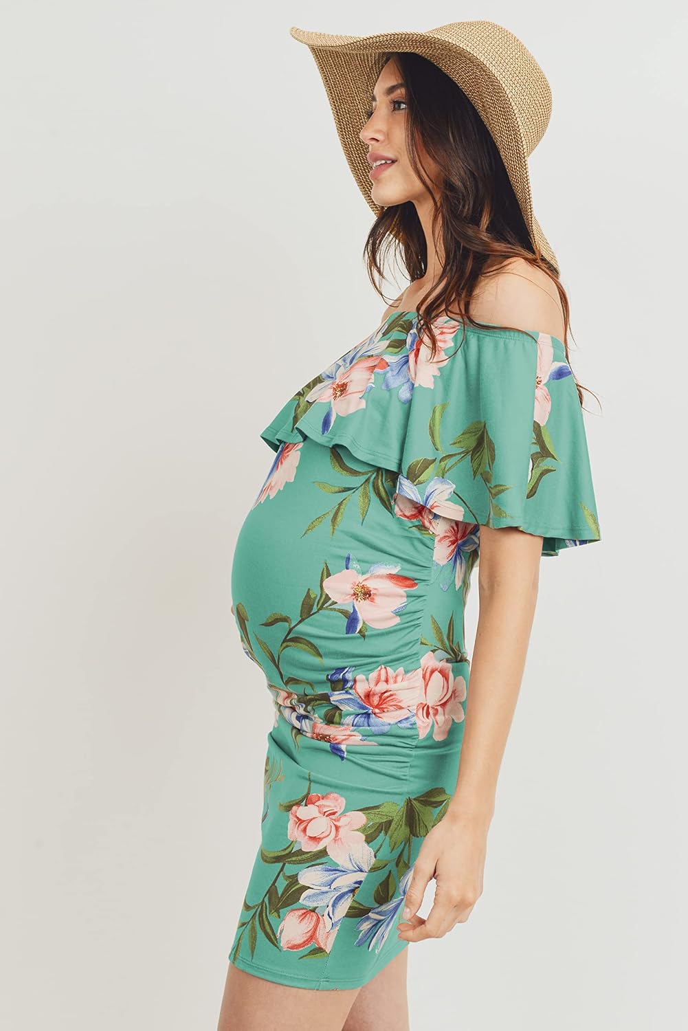 HELLO MIZ Women's Floral Ruffle Off Shoulder Maternity Dress - Made in USA (Sage Flower, L)