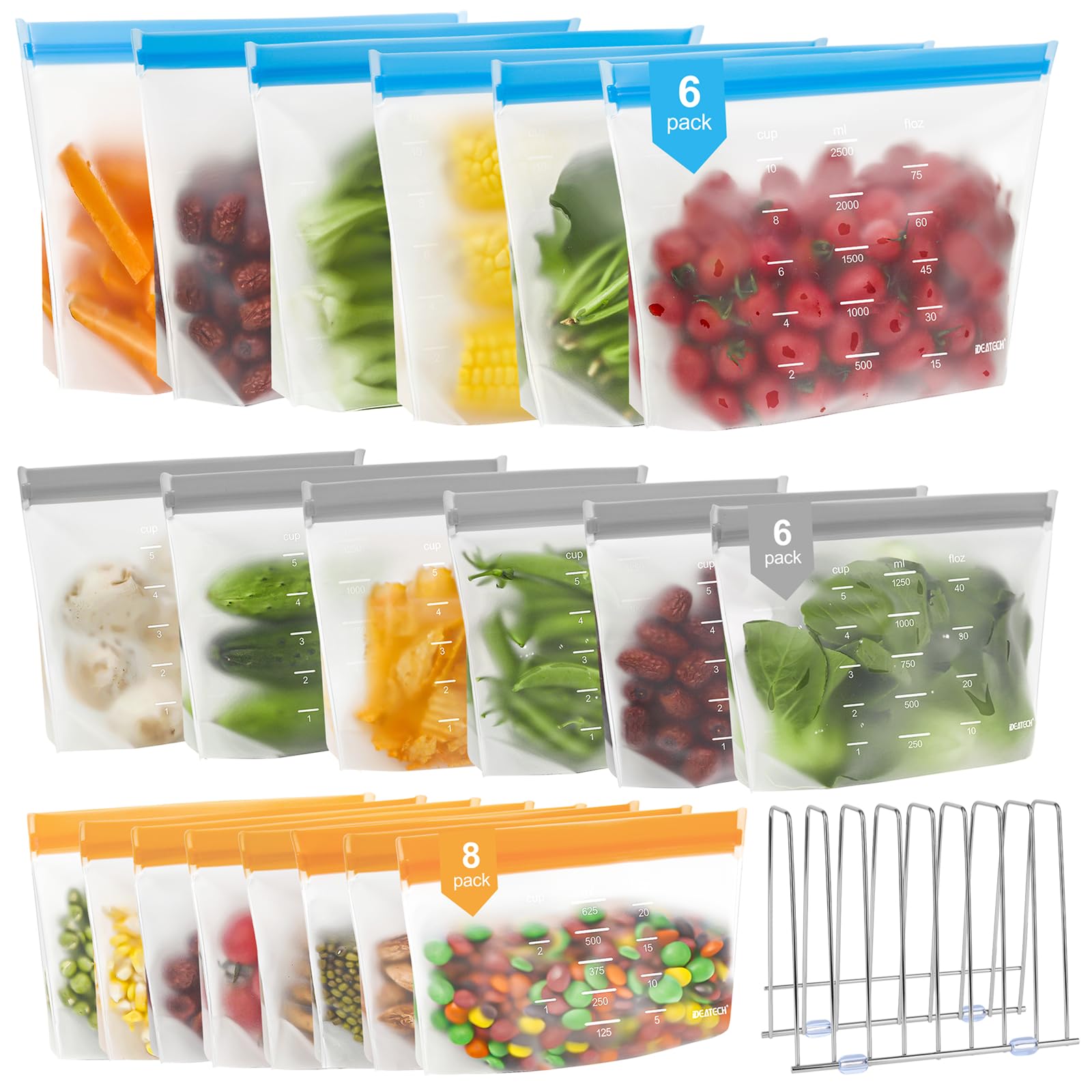IDEATECH Freezer Bags Silicone 20 Pack Resealable with Stainless Steel Rack Leakproof Stand Up Washable Fridge Plastic Zip Lock Food Storage for Kitchen