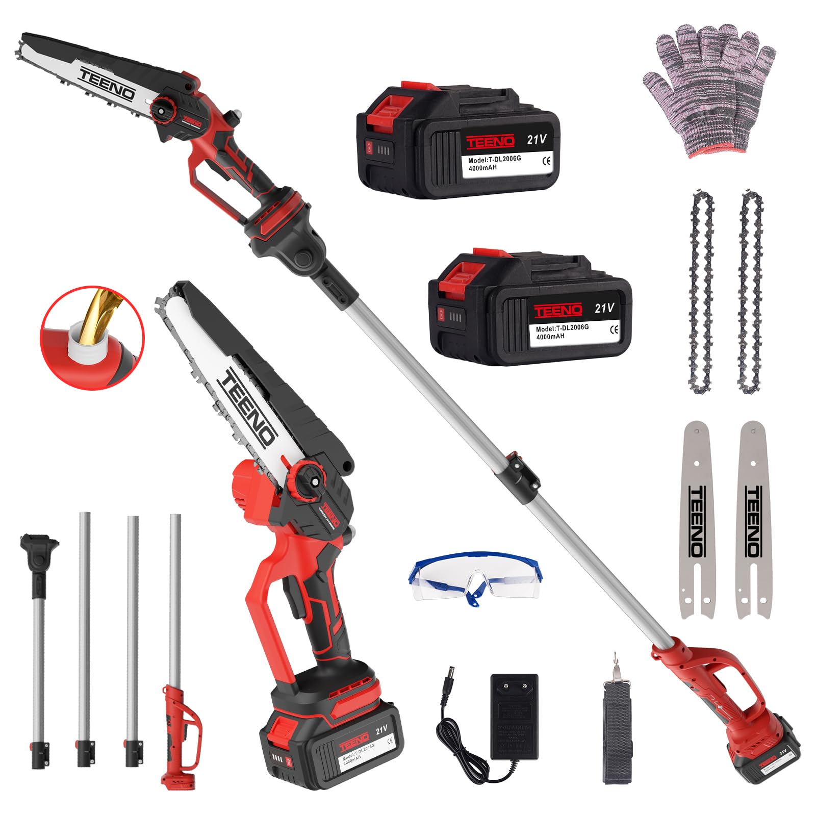 TEENO Segatrice elettrica,segatrice elettrica 2 in 1,asta telescopica | staccabile,regolazione a 180°,6 pollici,2 batterie da 4000 mAh,2 piastre di guida,2 catene