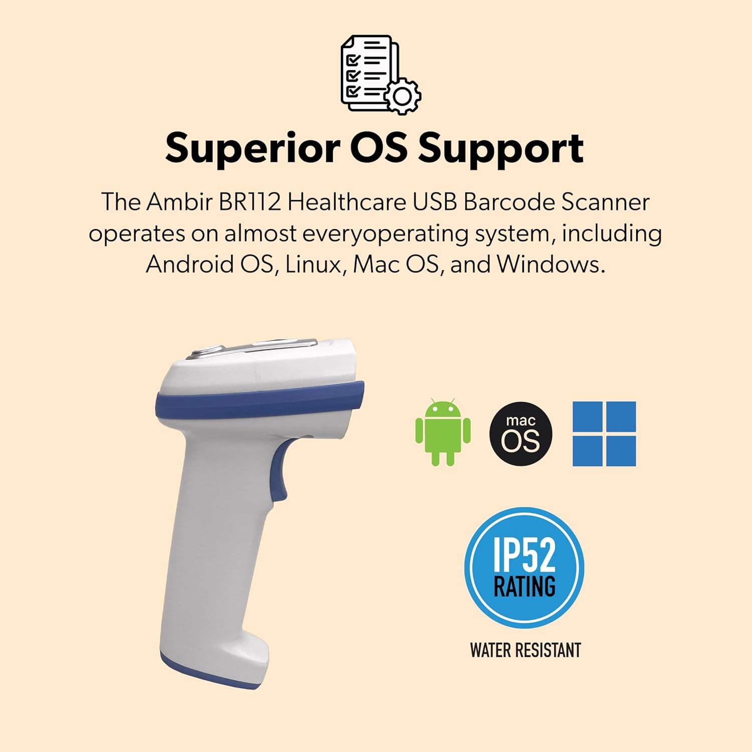 AMBIR BR112 Healthcare Barcode Scanner – USB Powered, Corded, 800x600 Pixel Resolution, Compatible with Windows, Mac, Linux, and Android, White/Blue