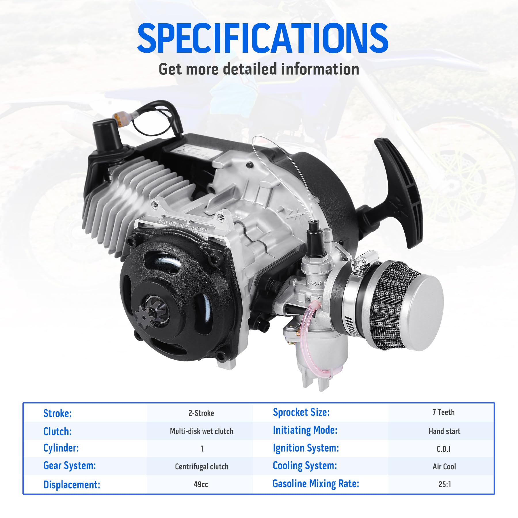 Samger 49CC 2 Stroke Mini Moto Engine Carb Pullstart Carb Carb Filtro aria Head Mini Motore per ATV Dirt Bike Quad Pocket Bike