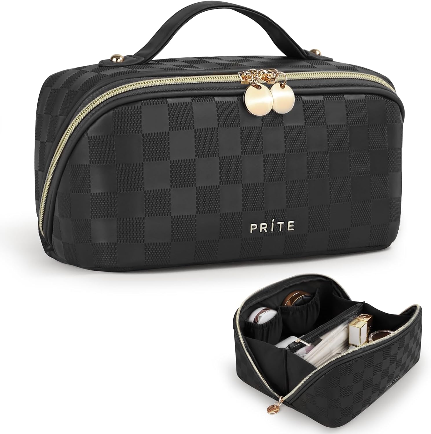 Prite Makeup Bag for Women Travel Waterproof Vegan Leather Cosmetic Bag Open Flat Toiletry Bag With Clear Divider and Handle (Plaid Black)