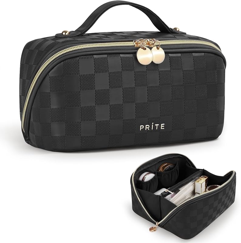 Necessaire de maquiagem Prite com zíper, divisória transparente e alça
