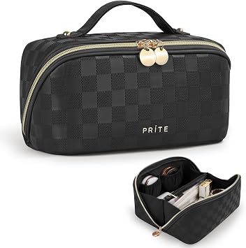 Prite Makeup Bag Travel Toiletry Bag Open Flat Cosmetic Organizer for Women