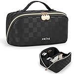 Prite Makeup Bag for Women Travel Waterproof Vegan Leather Cosmetic Bag Open Flat Toiletry Bag With Clear Divider and Handle (Plaid Black)