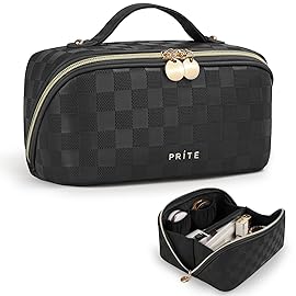 Prite Makeup Bag for Women Travel Waterproof Vegan Leather Cosmetic Bag Open Flat Toiletry Bag With Clear Divider and Handle (Plaid Black)